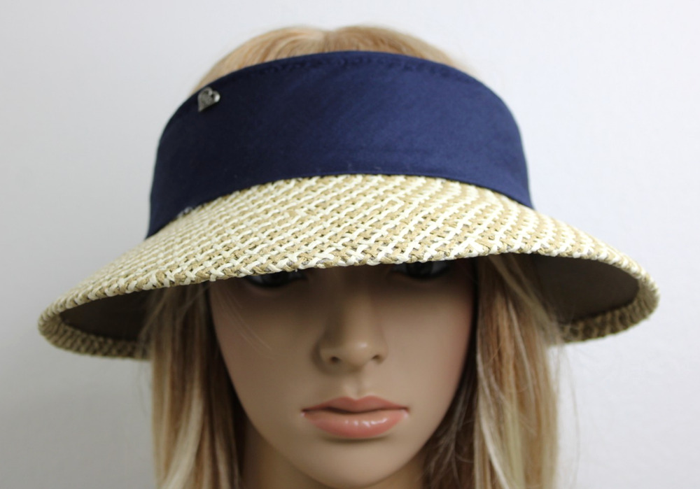 Kate Lord Women's S/M Straw Visor Hat Wide Brim Navy Bow Golf Sun